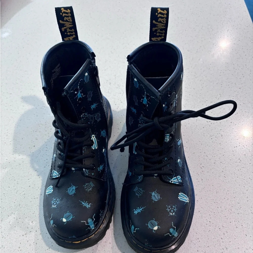 Dr. Martens Kids Black Boots with Teal Bug Print